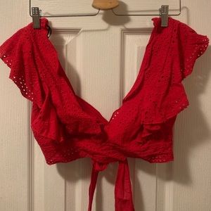 F21- Red Scalloped Eyelet Back-Tie Crop Top